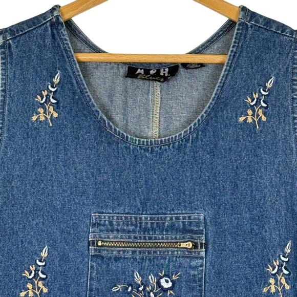 M.P.H. Blues Denim Maxi Jumper Dress XL Embroidered Prairie Flowers Side Buttons - Picture 2 of 12